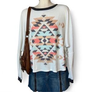 Phil Love White Southwestern Aztec Waffle Knit Oversized Top Small USA